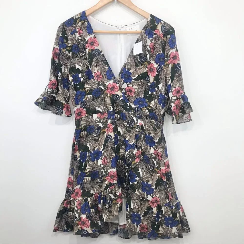 Anthropologie Lost + Wander Floral Ruffle Edge Wrap Style Mini Dress NEW no belt